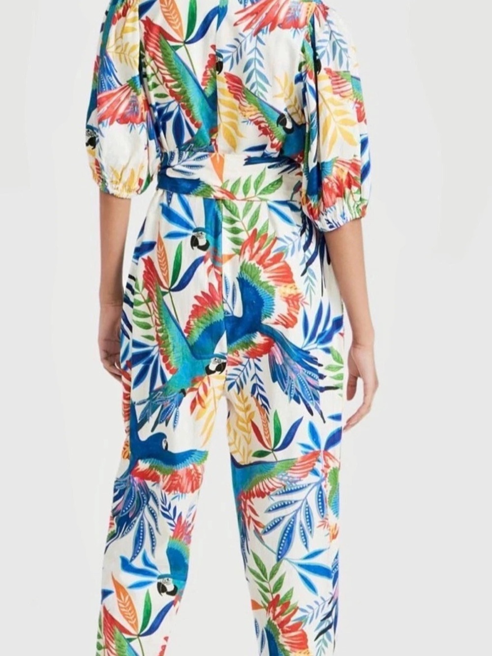 Farm Rio Macaw Forest Jumpsuit Floral White & Blue - Picture 2 of 4